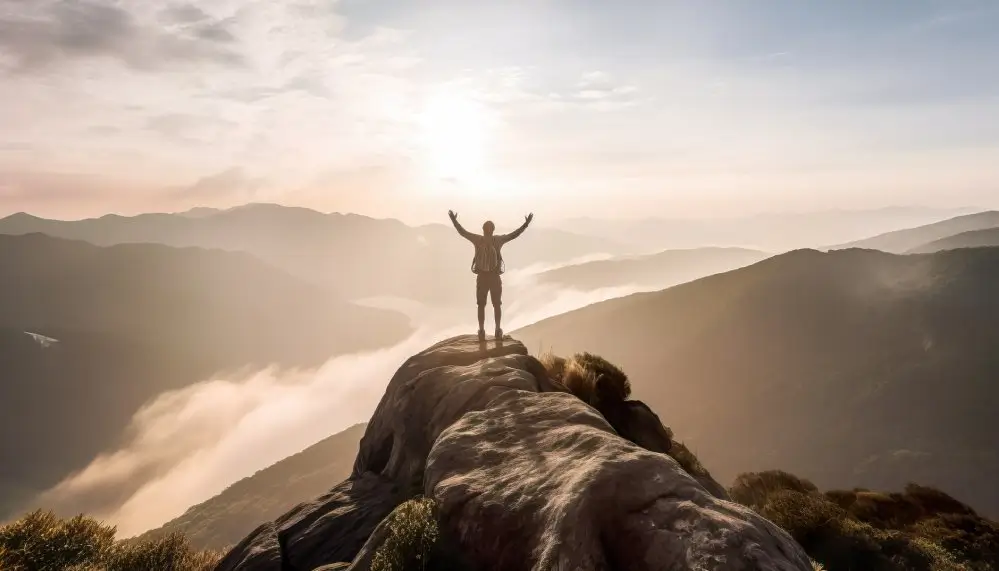 Man standing on top of mountain with arms raised